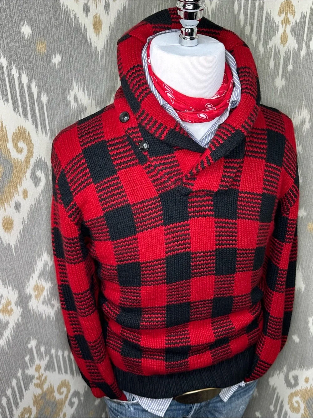 Polo Ralph Lauren Red Buffalo Check Plaid Cashmere Shawl Collar Sweater